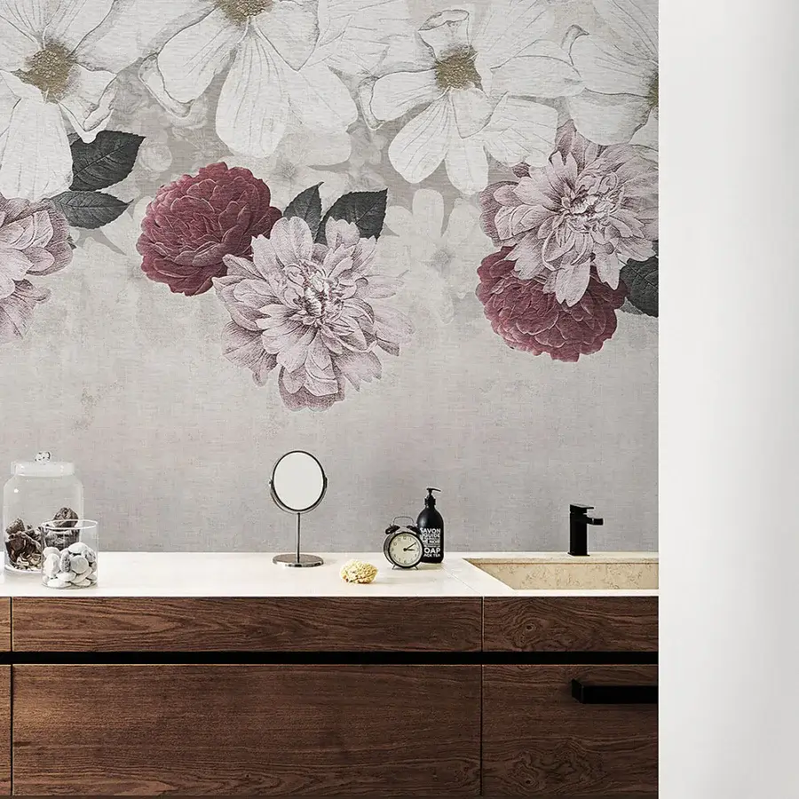 Distinguished LondonArt A Faint Blush wallpaper with botanical motifs and watercolor-like texture in white and burgundy hues with a matte finish
