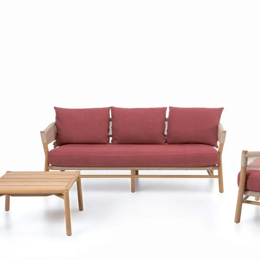 Distinguished Ethimo Kilt sofa crafted with reddish-pink rope weave and FSC-certified teak for relaxed outdoor seating