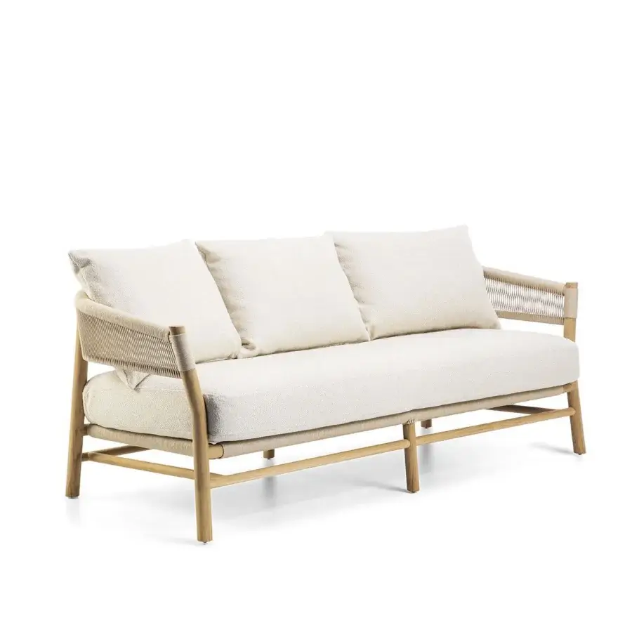Exceptional Ethimo Kilt sofa crafted with FSC-certified teak and soft natural fiber rope in creamy off-white with a satin finish