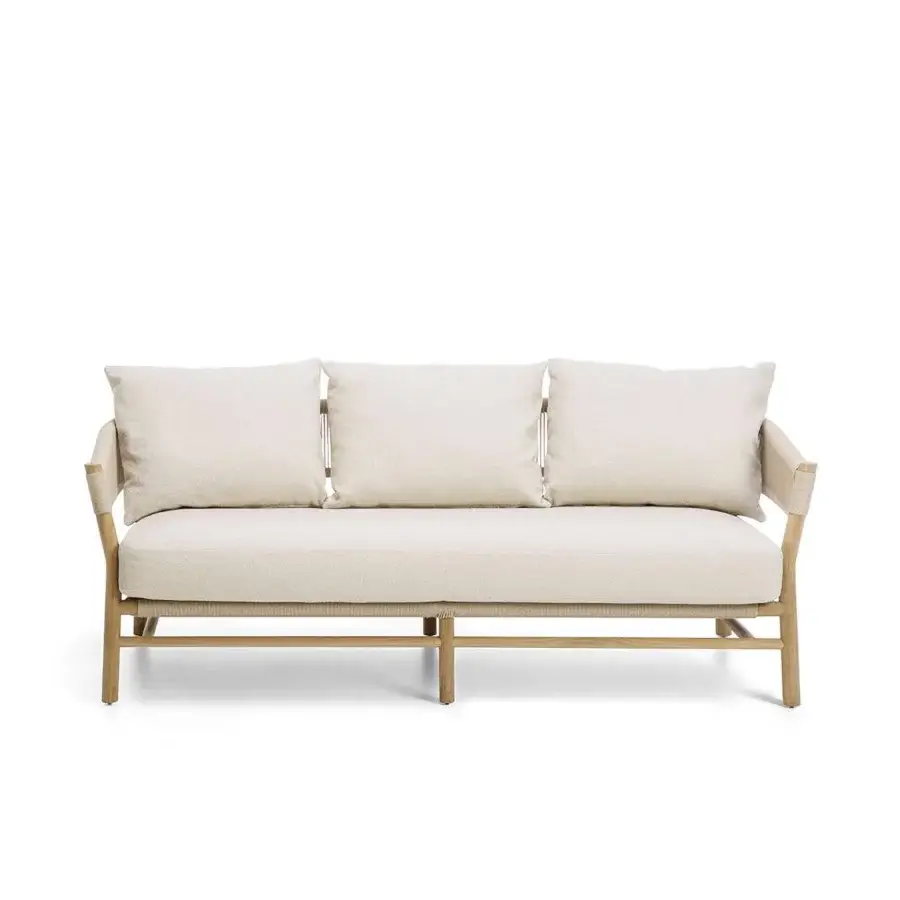Elegant Ethimo Kilt sofa crafted with FSC-certified teak and soft natural fiber rope in a neutral beige palette