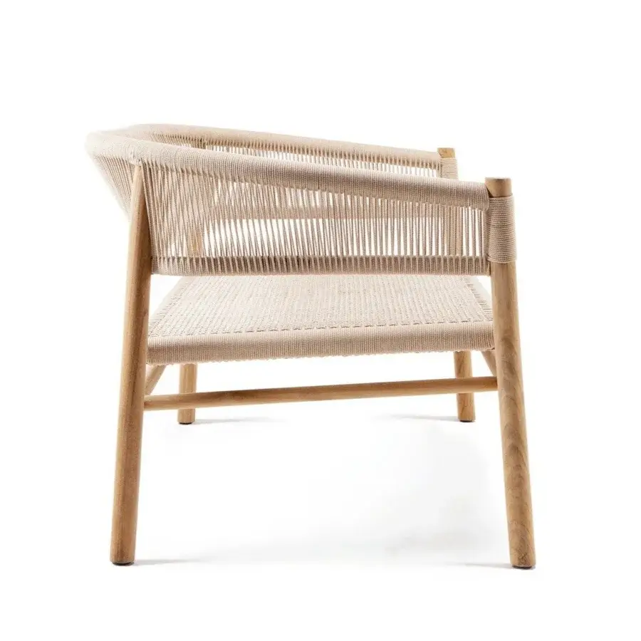 Distinguished Ethimo Kilt sofa with inviting neutral beige woven texture and skilled FSC-certified teak frame