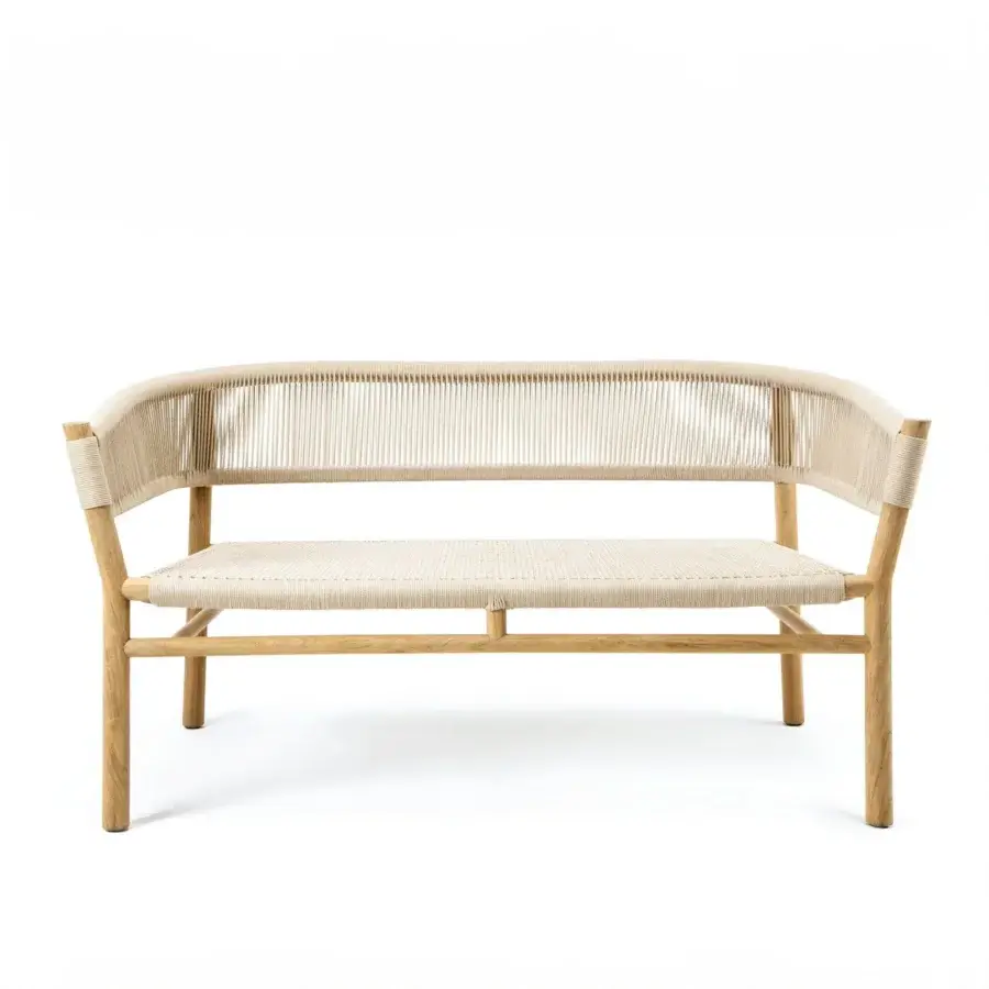 Distinguished Ethimo Kilt sofa with a gently curved form and natural fiber weave in a light beige tone crafted with satin-finish teak