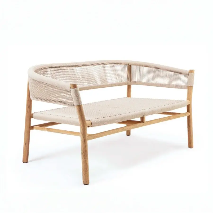 Exceptional Ethimo Kilt sofa with a gently curved form crafted in teak and a natural fiber weave
