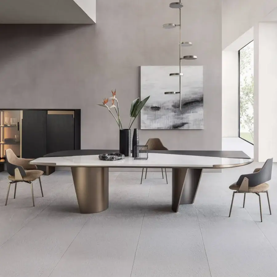 Distinguished Shake Ego table with sculpted plywood legs and a blockboard ash wood tabletop featuring a textured stoneware insert in gray-white and bronze