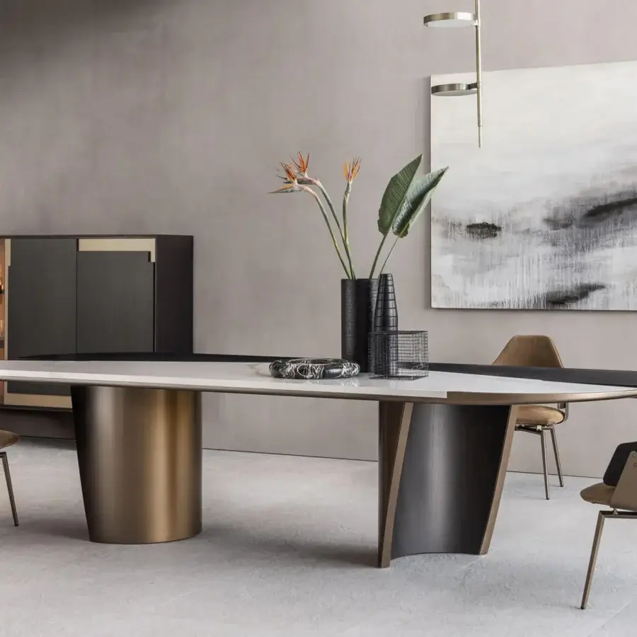Superior Shake Ego table crafted with ash wood, plywood and stoneware, finished with a satin sheen and polished brass-toned metal