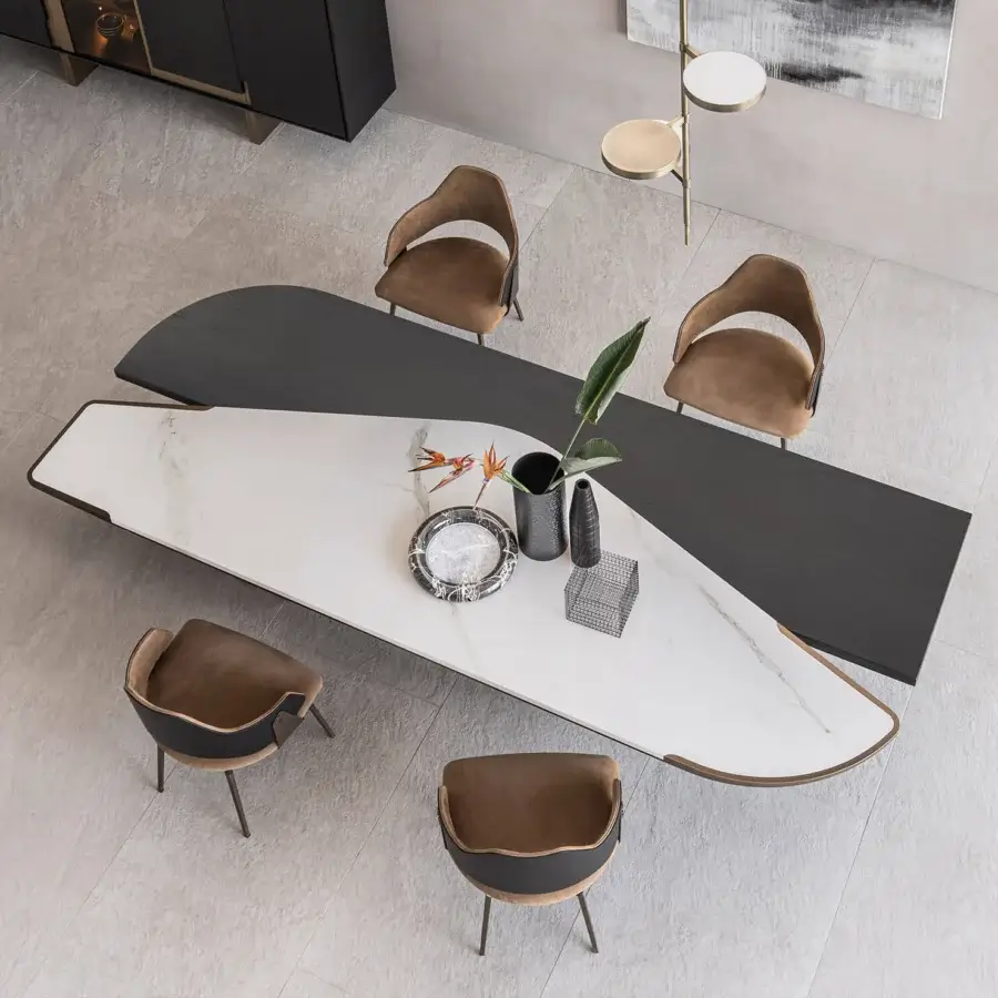 Distinguished Shake Ego table crafted with blockboard ash wood, stoneware and polished white marble with grey veining, finished in dark plywood