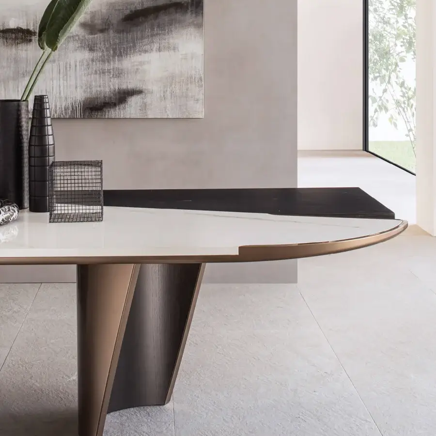 Exceptional Shake Ego table built with blockboard ash wood, stoneware insert and curved plywood legs finished in light beige and dark brown tones