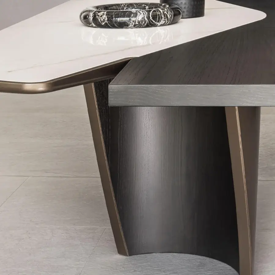 Distinguished Shake Ego table built with ash wood, plywood and stoneware, showcasing glossy white with grey wood-like texture and dark brown finish