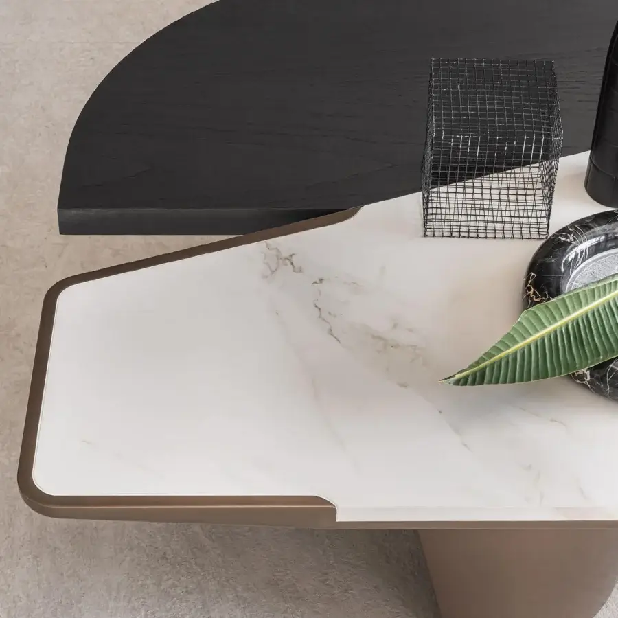 Innovative Shake Ego table crafted with blockboard ash wood, a stoneware insert and HDF finish, exhibiting a curved plywood base