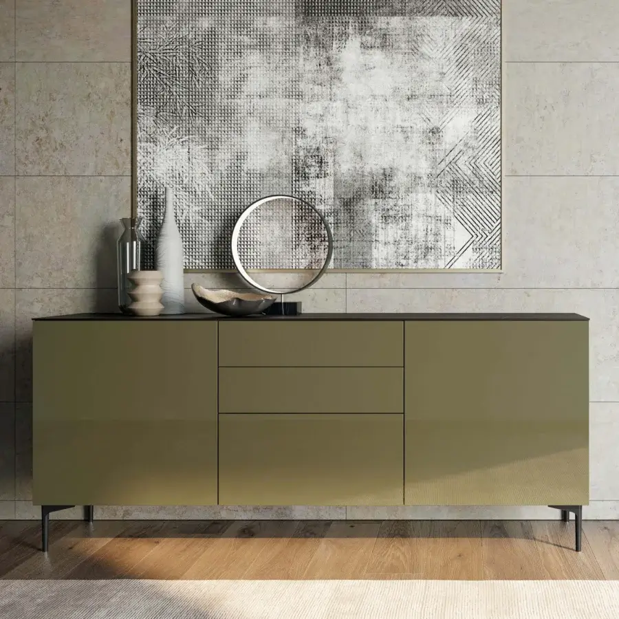 Elegant Dallagnese Slim Sideboard is a low cabinet with matte olive green finish and black detailing crafted in minimalist design