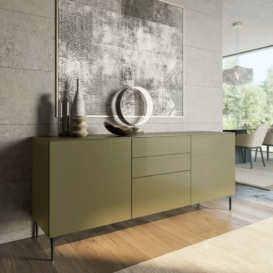 Superior Dallagnese Slim Sideboard is a low cabinet with a glossy olive green surface and slender metal legs