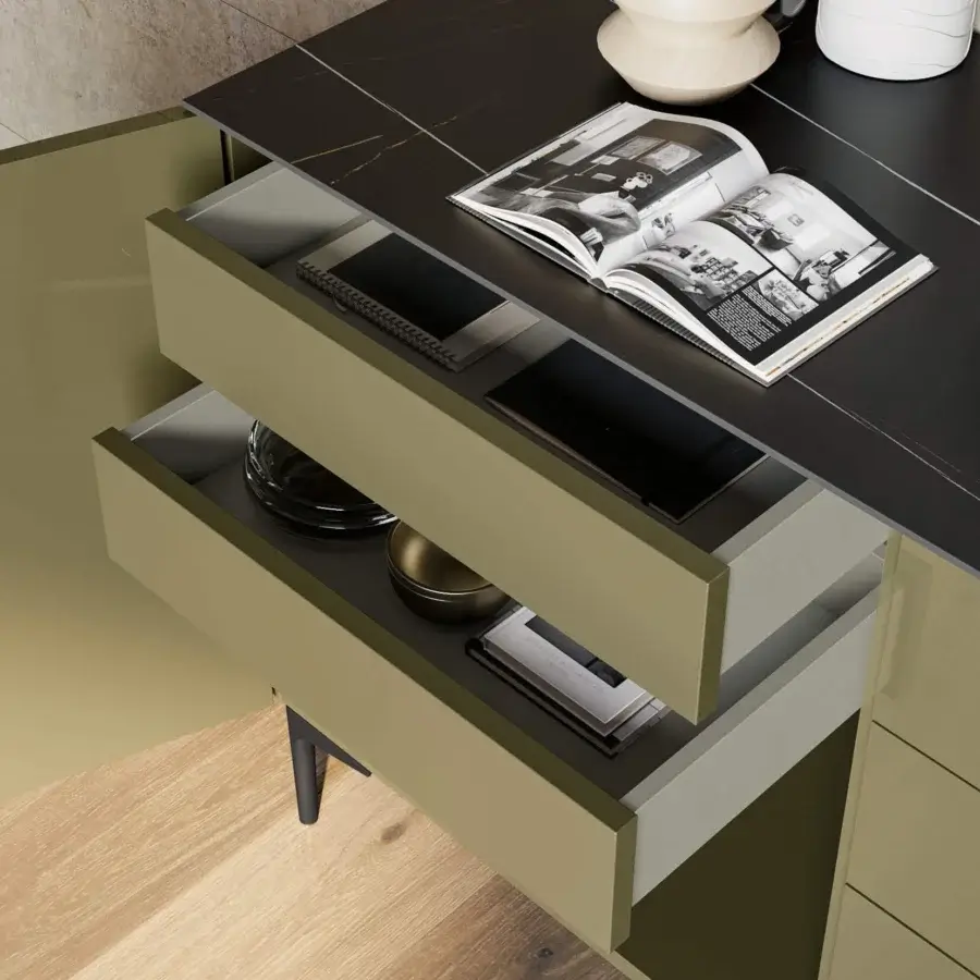 Distinguished Dallagnese Slim Sideboard is a low cabinet in muted olive green with a dark brown top and smooth matte finish