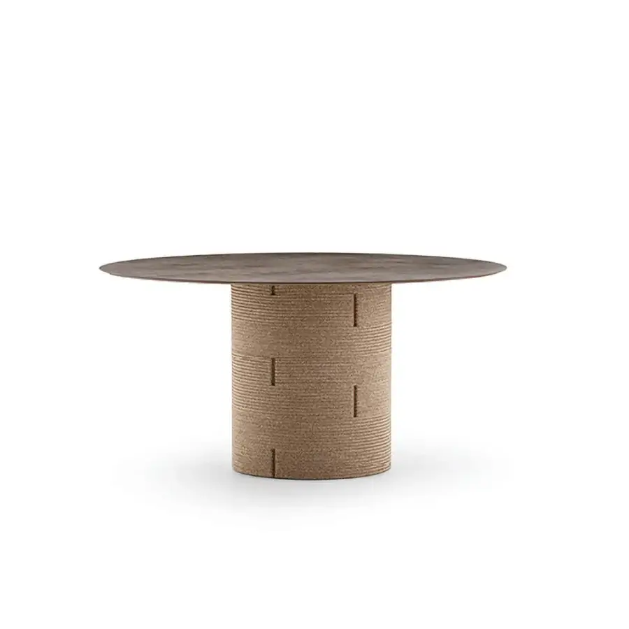Exceptional Varaschin Gianna table with cylindrical aluminum base and dark muted gray-brown HPL tabletop in matte Desert finish