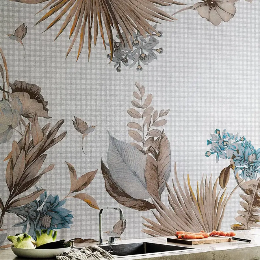 Superior LondonArt Country Home wallpaper with painterly botanical illustrations and subtle gingham in muted brown, grey, blue, and cream tones with a matte finish