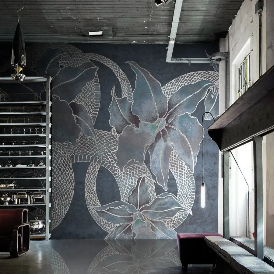 Distinguished LondonArt Feminine and Masculine wallpaper with delicate floral motifs and sleek serpentine forms in dark gray and silvery-white patterned paper with a matte finish