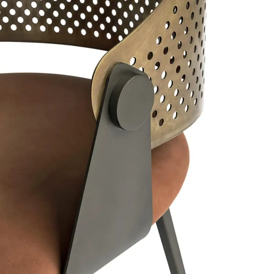 Superior Shake Roma armchair crafted with varnished steel, textured brown acrylic fiber, and perforated burnished brass backrest