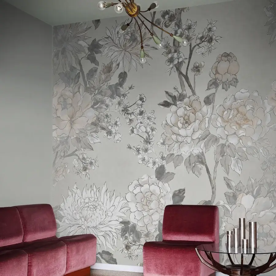 Distinguished LondonArt Oriental Wallpaper mural showcases blossoms and branches in a delicate monochromatic watercolor style