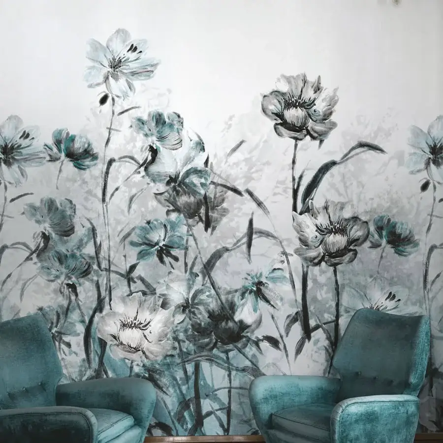 Elegant LondonArt Petals wallpaper displays oversized blooms in muted teal and gray with a matte paper finish