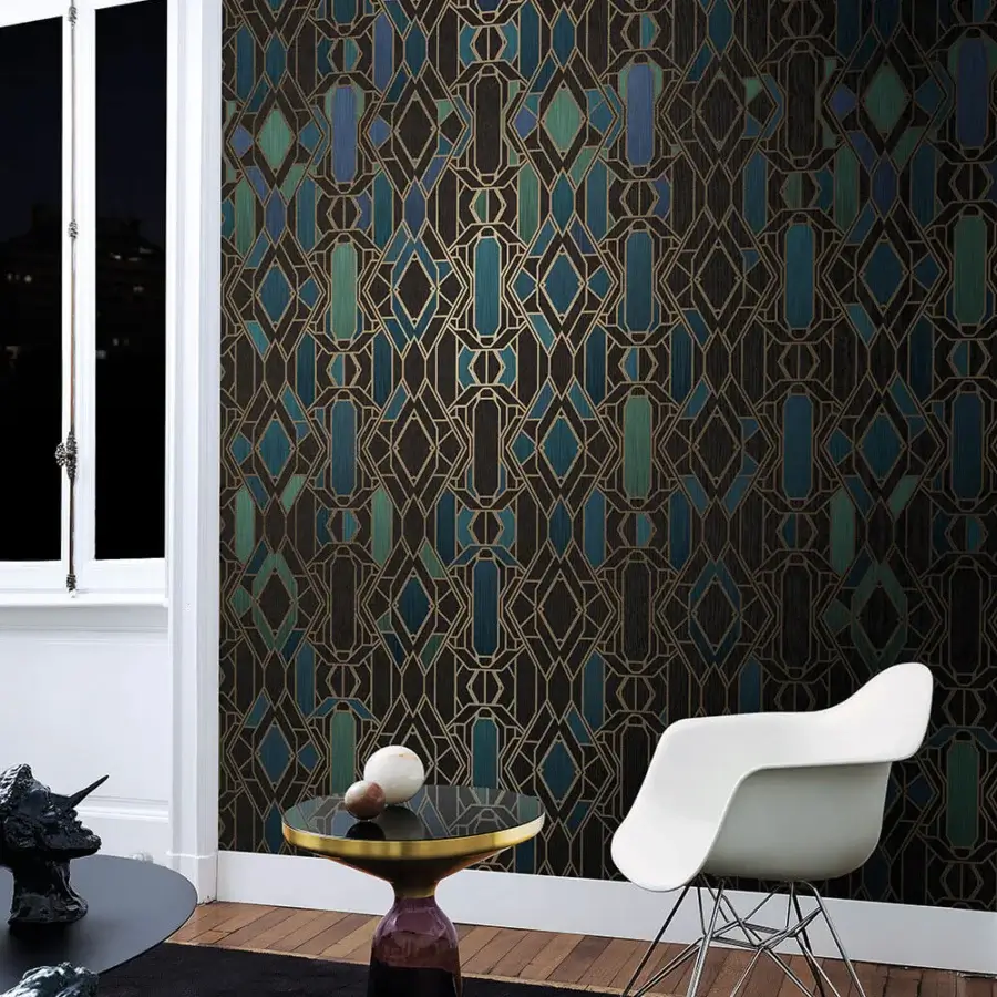 Distinguished LondonArt Art Deco wallpaper presents geometric patterns in teal and dark navy with metallic gold lines crafted from sheened paper