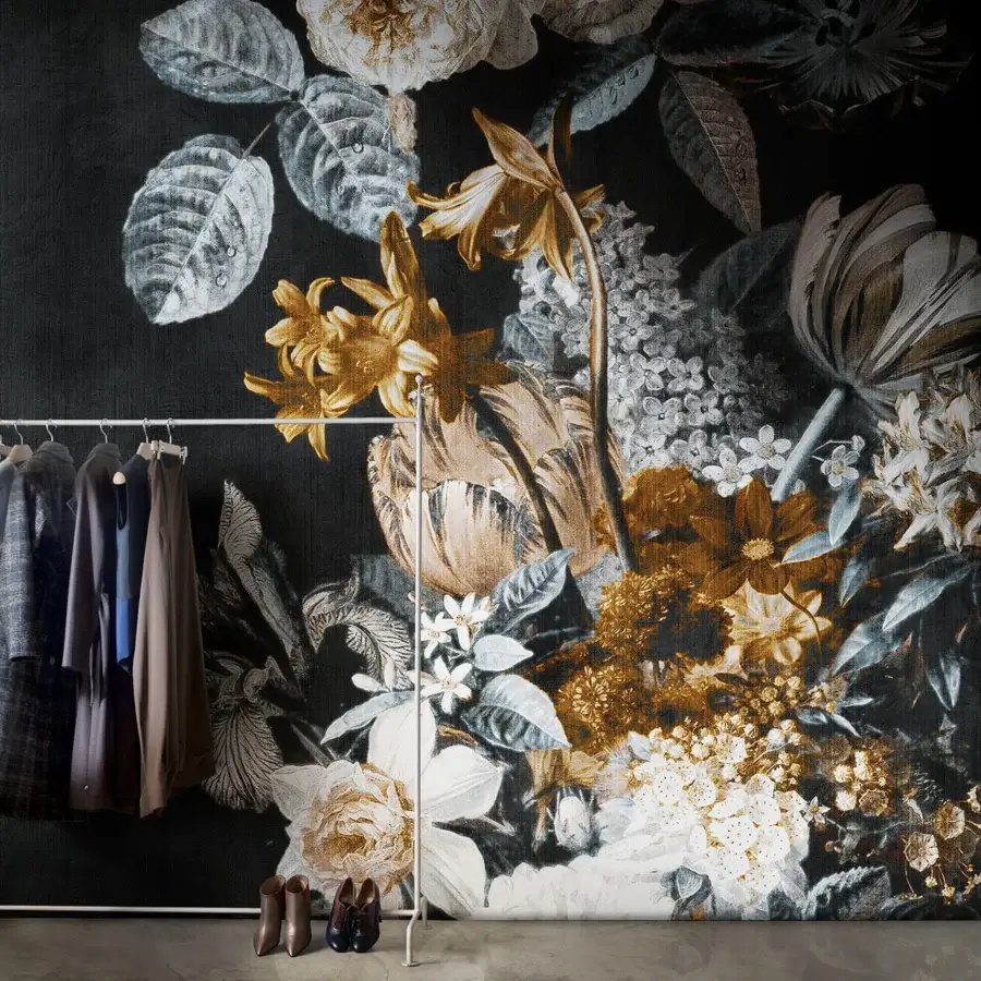 Distinguished LondonArt Romantic Story wallpaper showcases oversized blooms and foliage in gold and muted white with a dark gray backdrop crafted with coated paper
