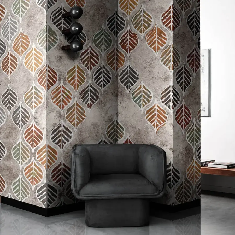 Distinguished LondonArt Fall Arouse wallpaper presents autumnal leaves in muted shades against a marbled background with a contemporary finish