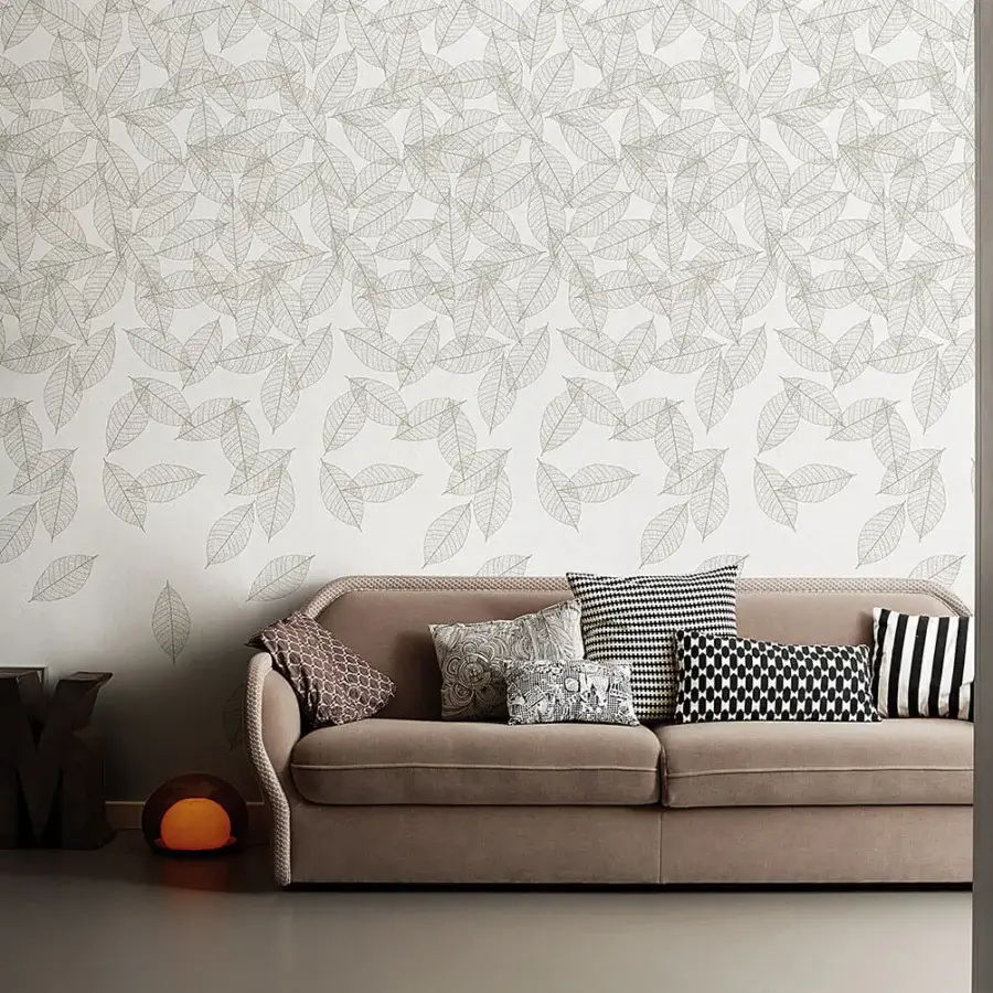 Distinguished LondonArt Gift Tree wallpaper presents sketched leaves against pale gray tree trunks with a white background