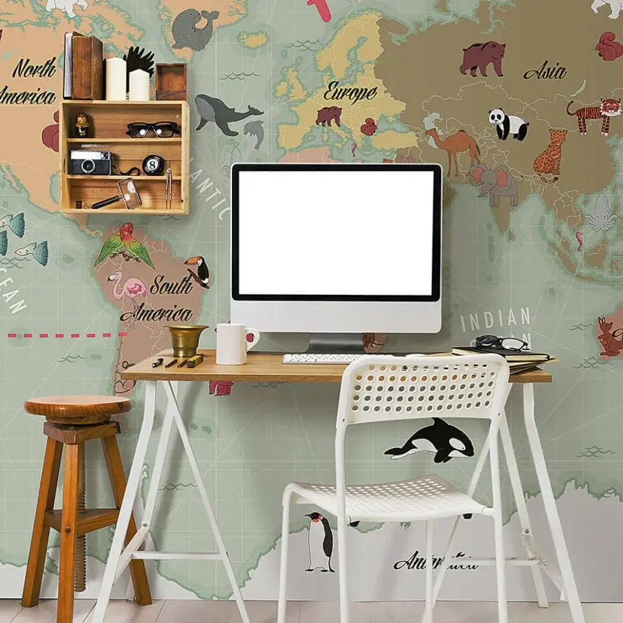 Exclusive LondonArt Lake wallpaper displays an artistic map with beige, green, and brown continents accented with red outlines and a smooth matte finish