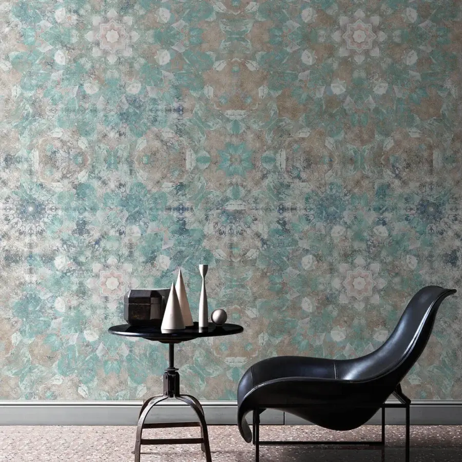 Distinguished LondonArt Optical Swift wallpaper delivers a complex floral pattern in muted teal, beige and gray with a matte finish