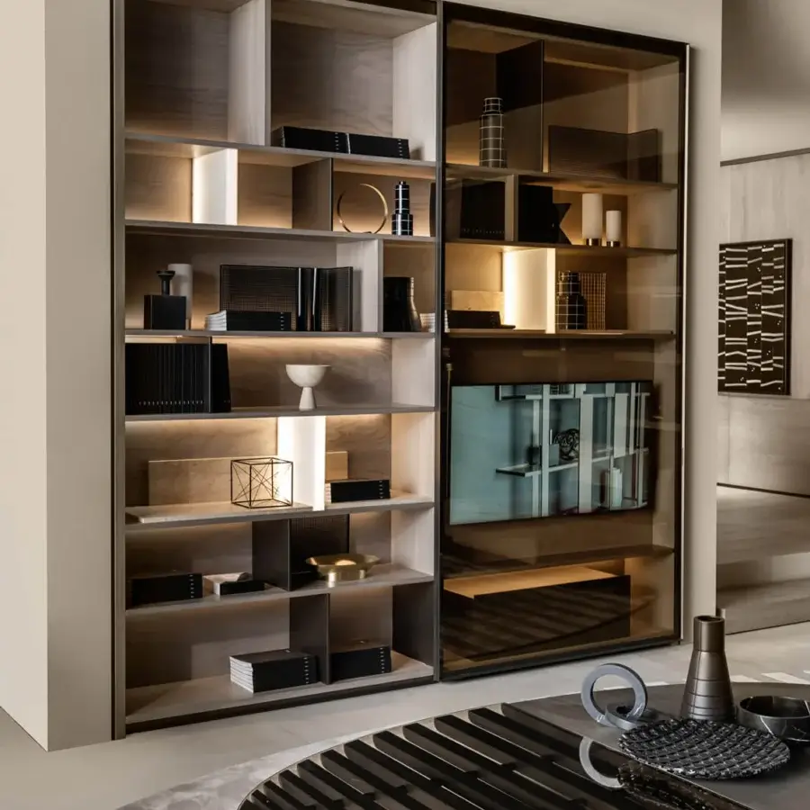 Exceptional Shake Elle TV stand crafted from blockboard ash wood with satin finish and transparent glass panels