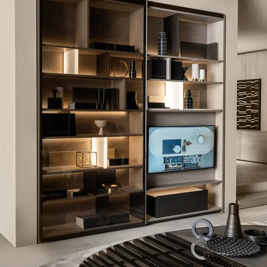 Superior Shake Elle TV stand crafted from blockboard ash wood with satin finish and ash plywood back panels, showcasing fluted doors with integrated lighting
