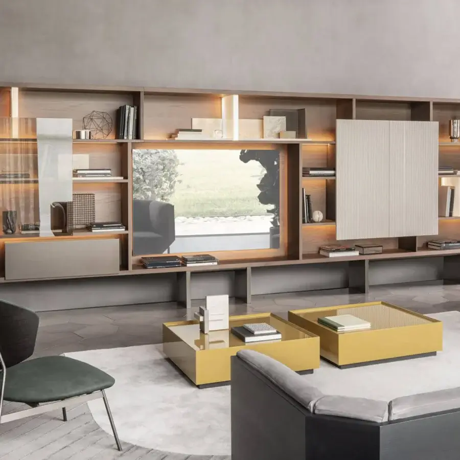 Lavish Shake Elle TV stand crafted from blockboard ash wood with a satin finish and integrated horizontal LED profiles