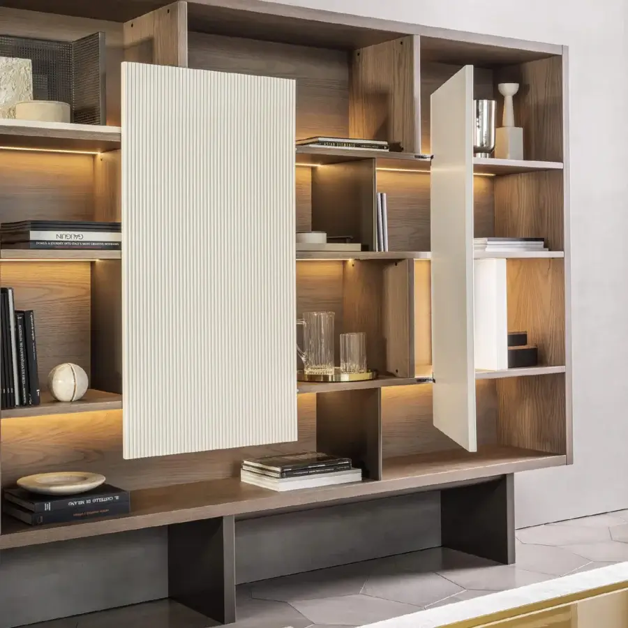 Distinguished Shake Elle TV stand crafted from blockboard ash wood with ash plywood, exhibiting a fluted central section and integrated LED profiles