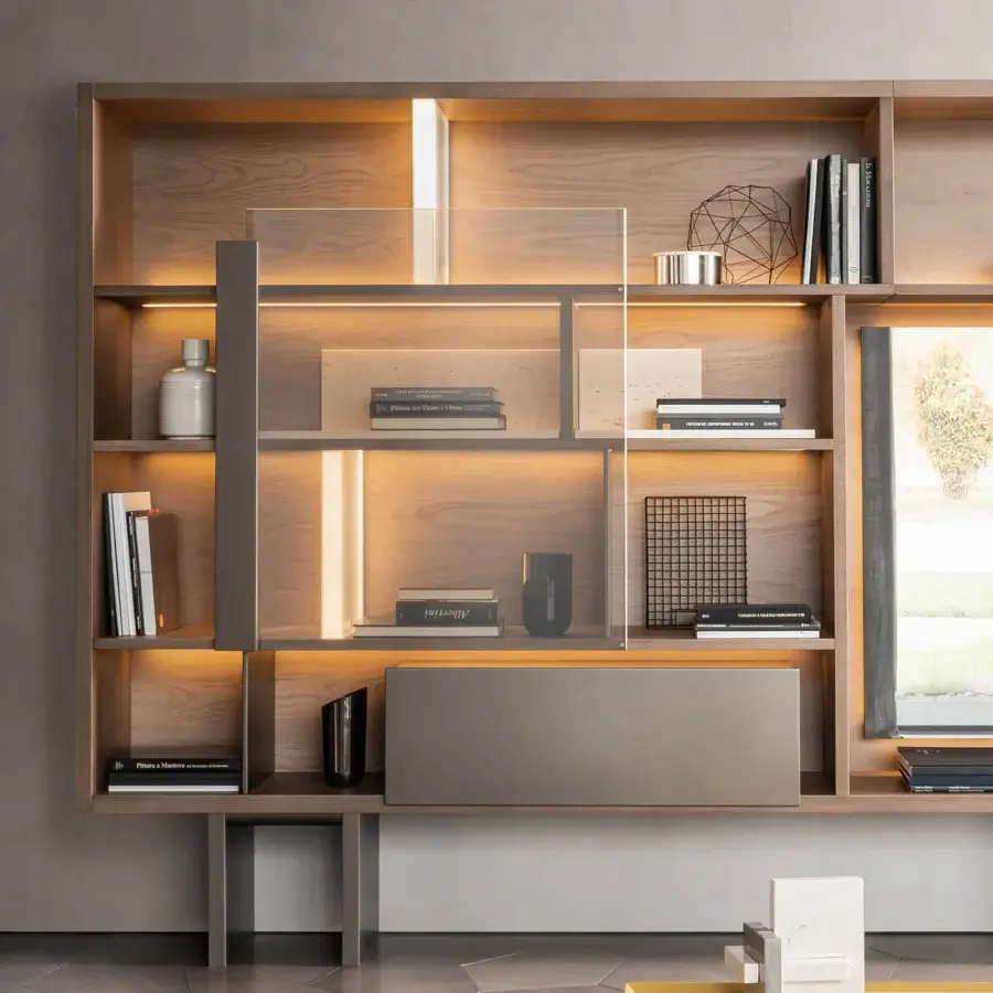 Superior Shake Elle TV stand crafted from blockboard ash wood with ash plywood and a neutral gray base cabinet