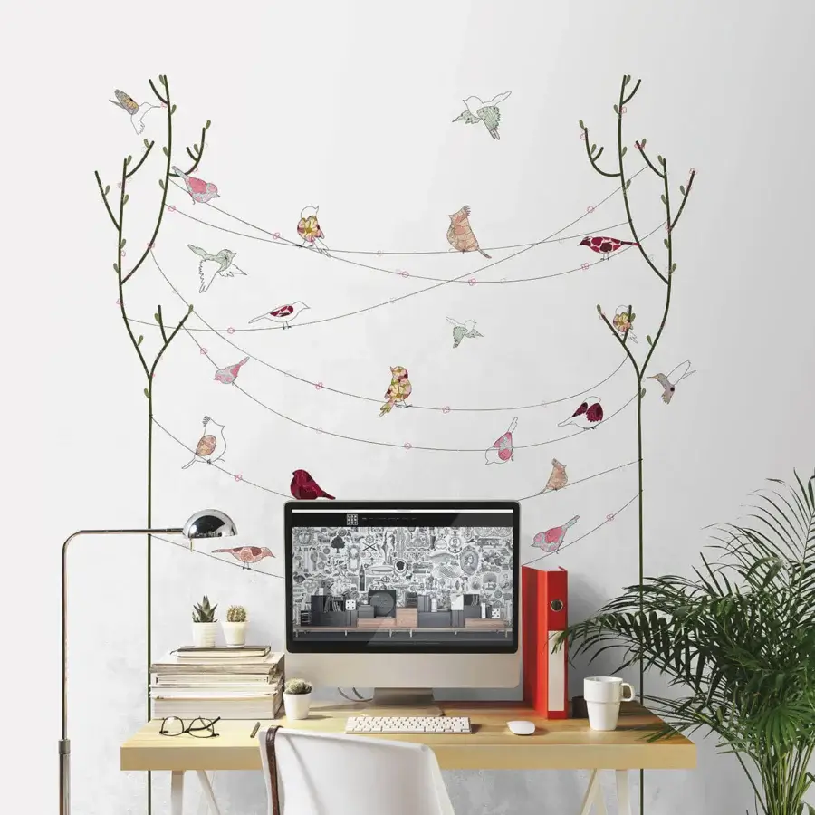 Exceptional LondonArt Kirsten wallpaper displays delicate branches, whimsical birds, and flags in dark brown, pale pink, with a smooth matte finish