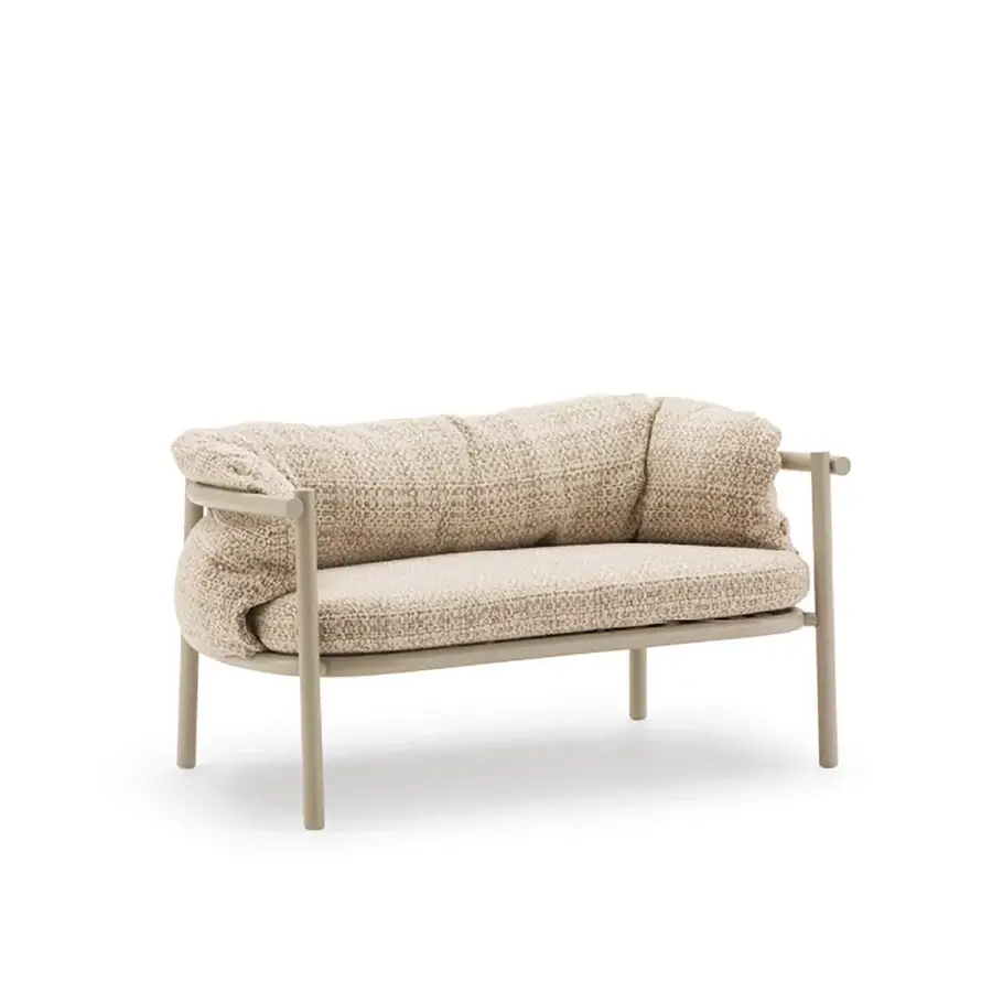 Sophisticated Varaschin Allegra sofa with neutral beige cushions and a light matte powder-coated aluminum frame