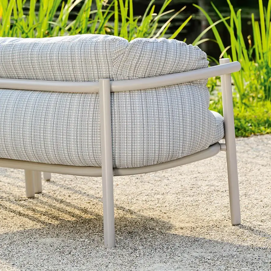 Exceptional Varaschin Allegra sofa crafted in Italy with muted gray-blue textile and smooth matte powder-coated aluminum frame