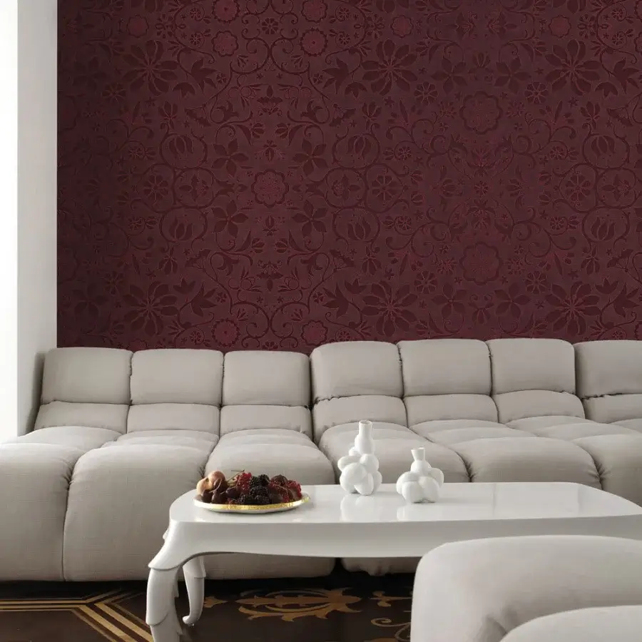 Exceptional LondonArt Amsterdam wallpaper presents a tone-on-tone floral design with textured reddish-brown surface reminiscent of embroidery