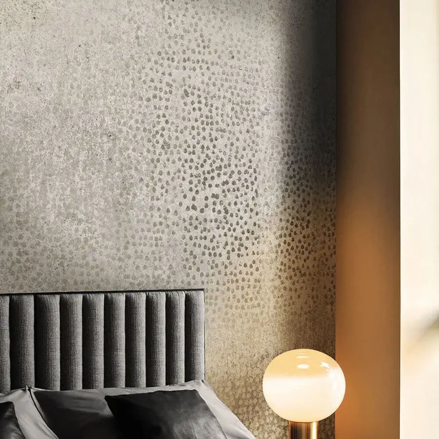 Exceptional LondonArt For Your Pleasure wallpaper displays golden and metallic pointillist stippling with a warm beige and taupe gradient finish
