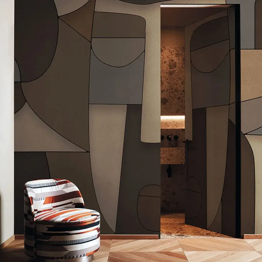 Avant-garde LondonArt Strictly Confidential wallpaper exhibits interlocking brown and beige shapes with a smooth matte finish