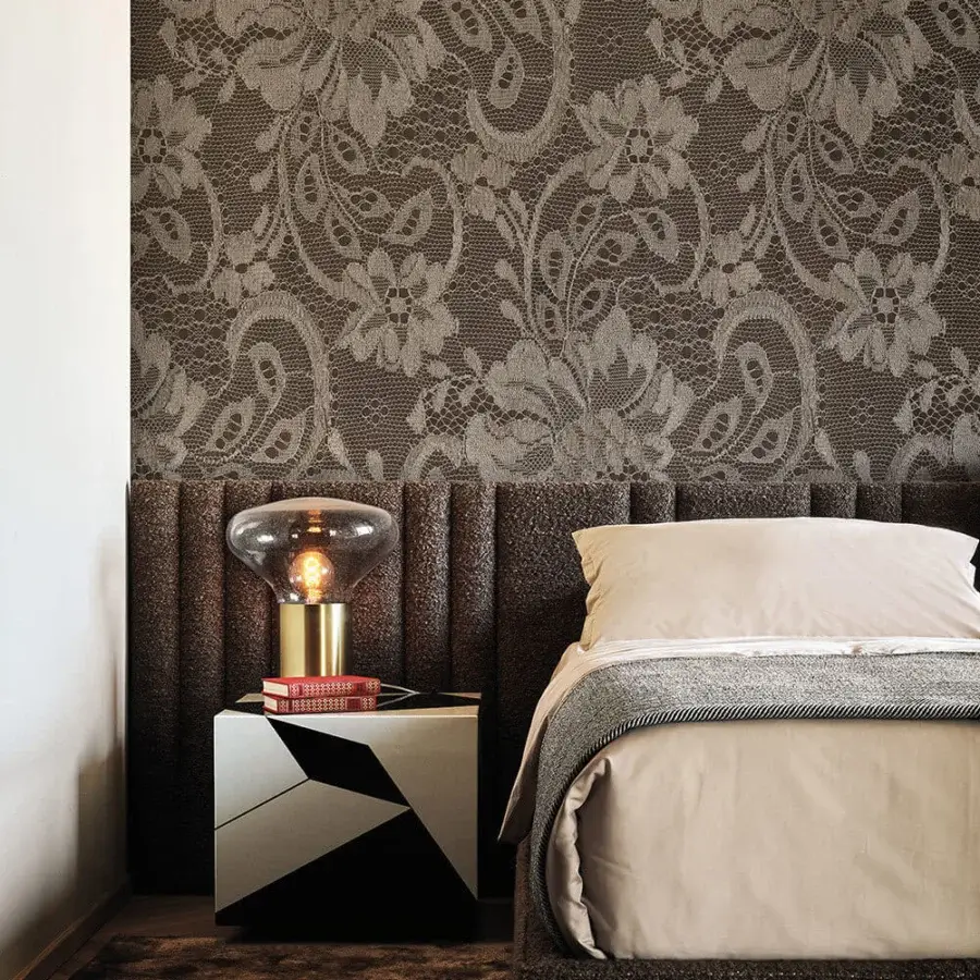 Superior LondonArt Smiling Phases wallpaper exhibits swirling motifs in brown and gray with a matte finish creating a classic style