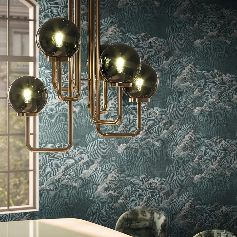Lavish LondonArt Mother Goose wallpaper showcases repeating wave patterns in teal and grayish-blue with fine golden linework