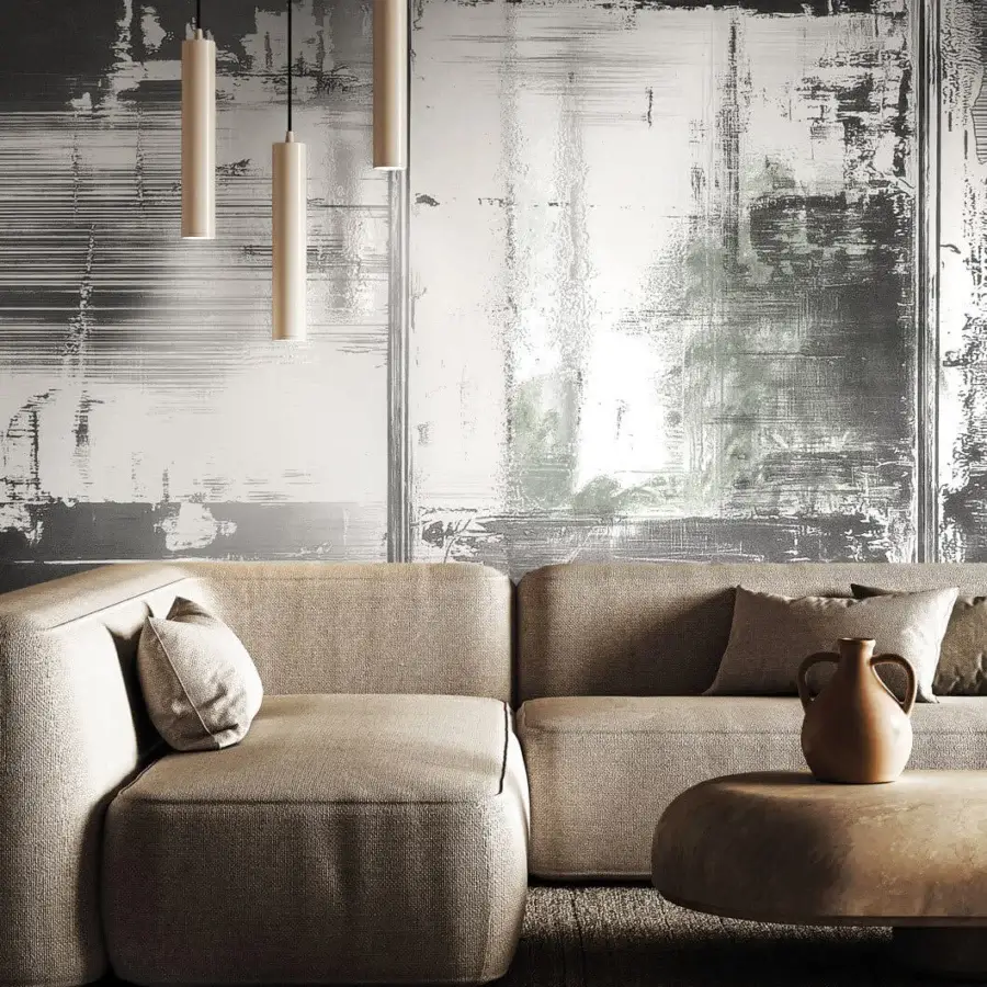 Exceptional LondonArt Metal Haze wallpaper displays an abstract monochromatic design in shades of gray with a subtly textured finish