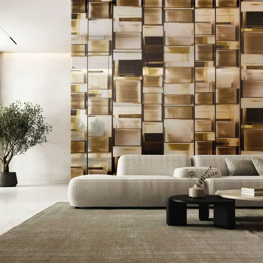 Exceptional LondonArt Aji wallpaper with layered brown and gold hues in mirrored composite aluminum and glossy resin finish