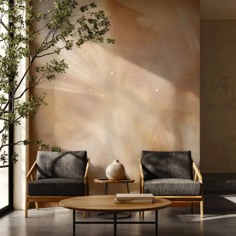Exceptional LondonArt Desert Veil Wallpaper crafted with terracotta and peach tones exhibiting a subtle metallic sheen