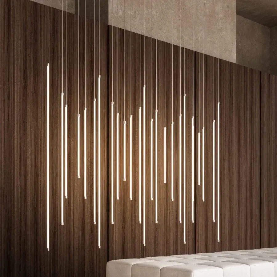 Distinguished Stillux Line 4 suspension lamp with neutral gray metal and a cool white glow crafted in Italy
