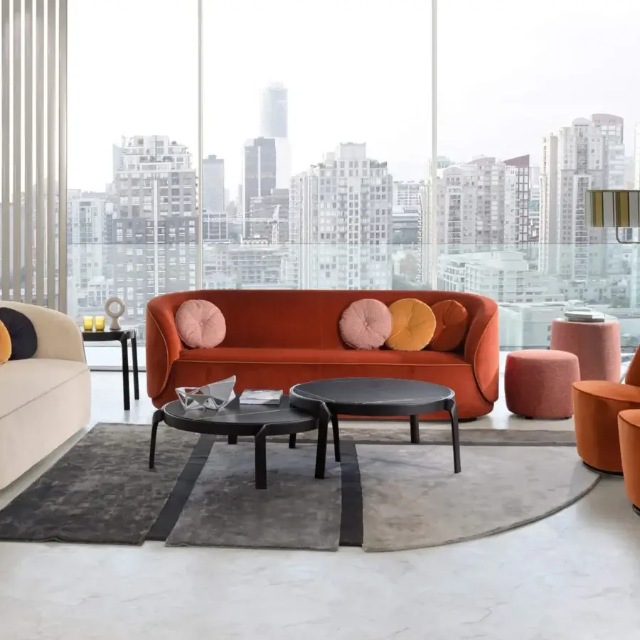 Exceptional CTS Salotti Fusion sofa with a fluid form upholstered in reddish-orange textile and matte finish