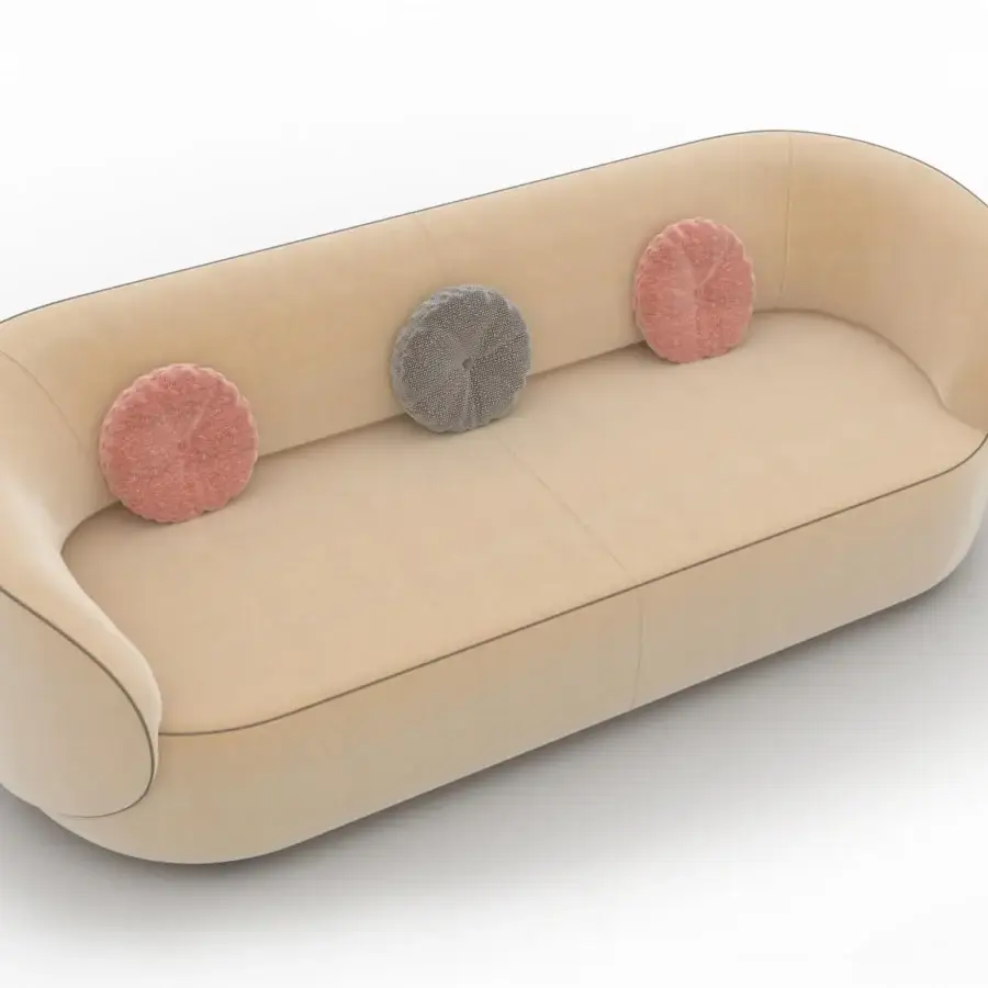 Harmonious CTS Salotti Fusion sofa with a fluid silhouette upholstered in textured pale beige textile and circular muted cushions