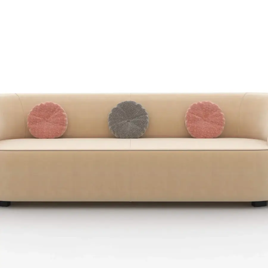 Superior CTS Salotti Fusion sofa with a fluid enveloping form upholstered in warm beige textile accented with textured pink and gray cushions
