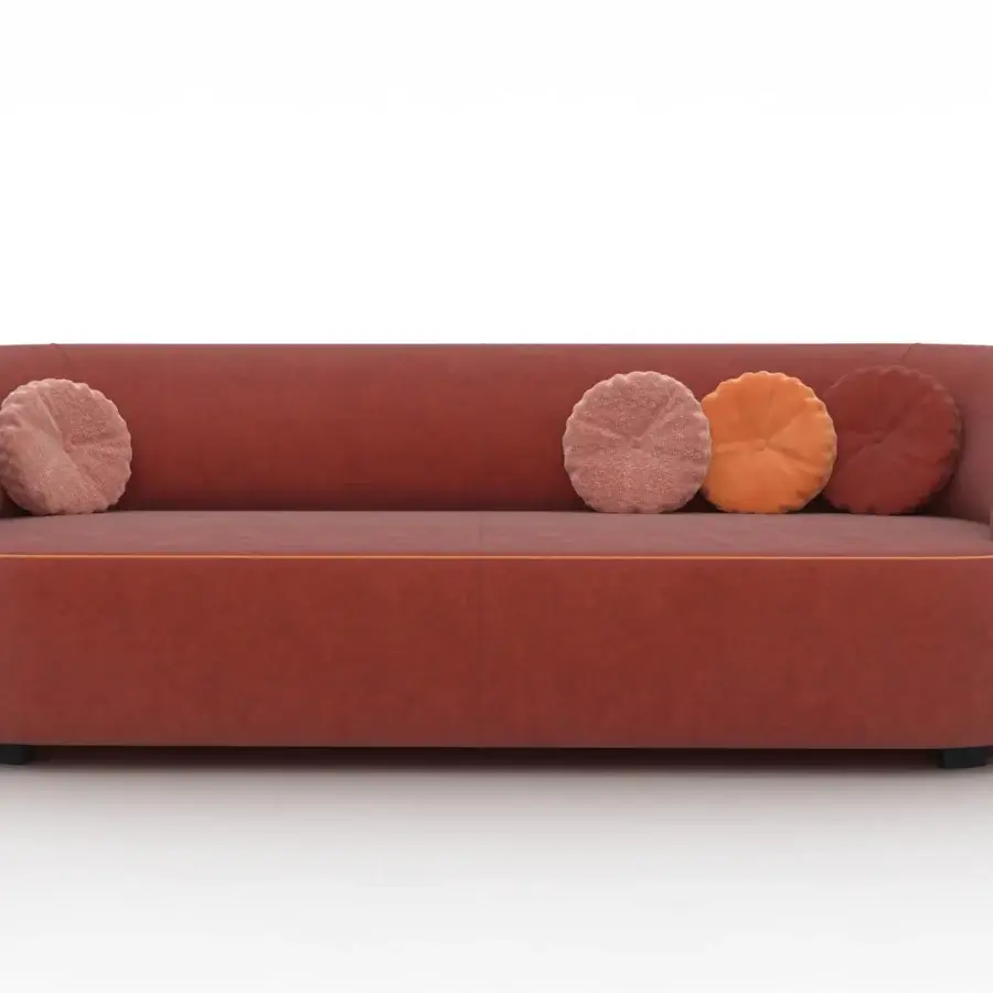 Distinguished CTS Salotti Fusion sofa with a fluid enveloping silhouette upholstered in textured terracotta textile and delicate orange piping