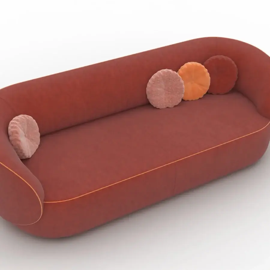 Exceptional CTS Salotti Fusion sofa with a fluid silhouette upholstered in reddish-brown textile and circular accent cushions